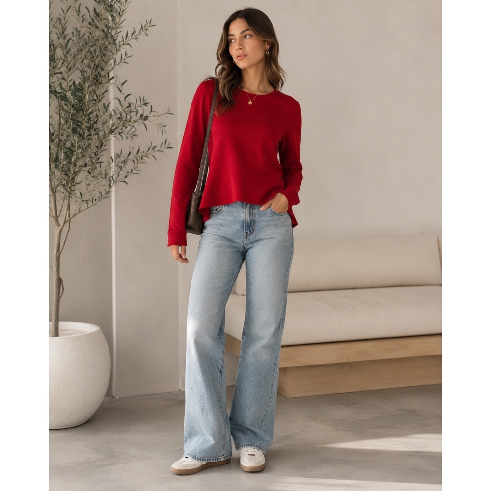 Banana Republic Women's Red Ruffle Hem Sweatshirt Top Size Small 100% Cotton